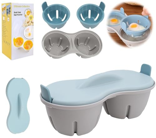 Egg Poacher Microwave Egg Cooker, 2 Cavity Edible Silicone Double Drain Poached Egg Cups Microwave Egg Poacher Kitchen Cooking Gadgets with Lid and Removable Tray for Quick Poached Egg Preparation