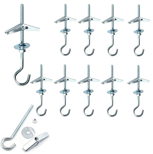 SHULLIN 10 Stück Haken Federklappdübel M4x90 Hohlraumdübel Gipskarton Set | Hakendübel Decke Aus Kohlenstoffstahl Mit Haken Verzinkung Kippdübel Deckenhaken Mit Dübel Für Hängende Pflanzen Gipskarton