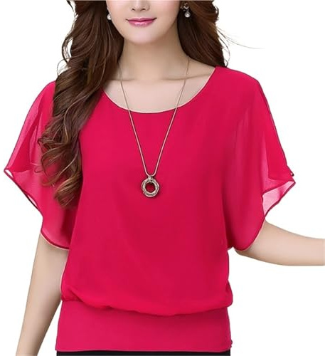 Chiffong blus damer chiffong blus dam topp enfärgad O-hals lös tröja fladdermusärm volanger skjortor damkläder casual sommar topp, vinröd, M