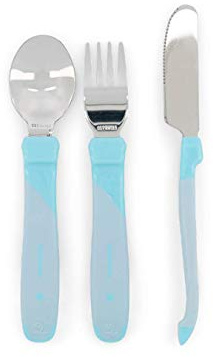 Twistshake Posate Bambini Acciaio Inox 12+ Mesi | Cucchiaio + Forchetta + Coltello | Set Svezzamento Educativo | Posate Apprendimento Neonati | Senza BPA | Blu