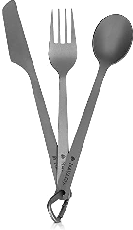 Navaris Titan Camping Besteck 3tlg. - Outdoor Messer Gabel Löffel inkl. Tasche - Ultraleichte 3in1 Essbesteck Kombi - Reisebesteck Set in Grau