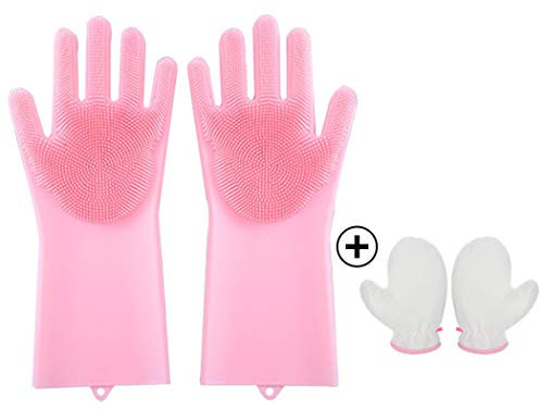 SIPLIV 2 Pairs Dishwashing Gloves Reusable Silicone & Bamboo Fiber Cleaning Gloves for Housework, Kitchen Clean, Bathroom, Pet Bathing, Car Washing, Window Cleaning - Pink