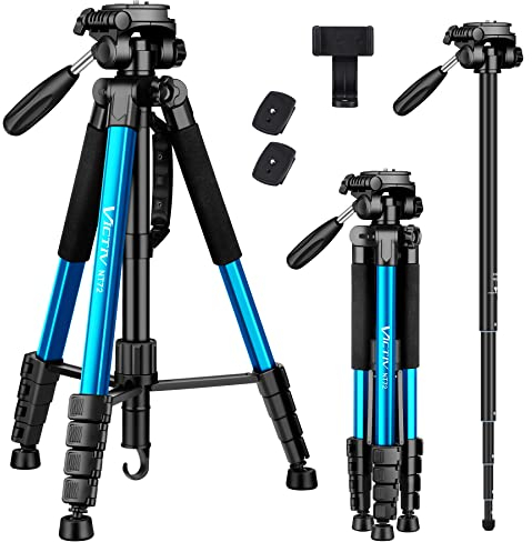 Victiv 182 cm Kamerastativ Aluminium Einbeinstativ T72 - Leicht und Kompakt Reisestativ für unterwegs mit 360° Panorama Kugelkopf und 2 Schnellwechselplatte für Spiegelreflexkamera - Blau