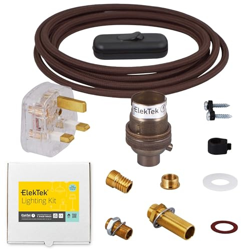Kit de lampe de qualité supérieure en laiton antique sans interrupteur, support de lampe B22 avec flexible rond, interrupteur en ligne et prise britannique 3 A