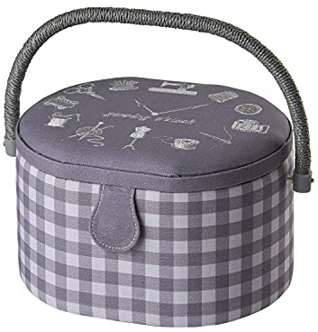 Medium Oval Sewing Box with Compartments in a Grey Check fabric with an Embroidered Clock Face Lid. 20x24.5x15cm - Sewing Online GA1125M