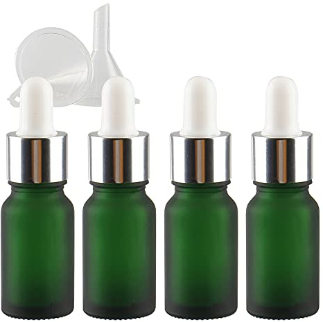 TIANZD 4 Stück 10 ml Leere Matt Grün glasflasche Tropfflasche Pipettenflaschen mit Glaspipette, 10ml Glasflasche mit Tropfpipette mit Silber Schraubverschluss für ätherische Öle, Parfüm Öle