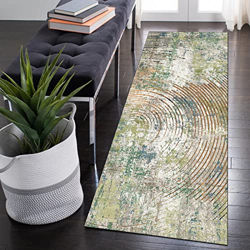 QQrunner Teppich Läufer Flur rutschfest Waschbar Grau Grün 90x200cm Boho Vintage Küchenteppich rutschfest Küche Lang Teppichläufer Schlafzimmer Korridor, Anpassbare Größe, 40-120cm Breit