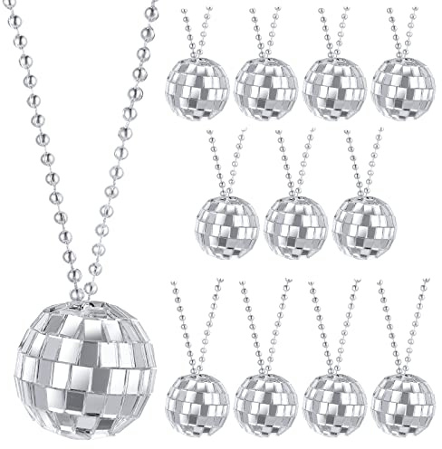 Yolev 12 Stück Disco Kugel Halskette 70er Jahre Silber Disco Ball Necklaces | Party Halsketten Dekoratives Bekleidungszubehör Halloween Ohrringe aus Den 80er 90er Halskette