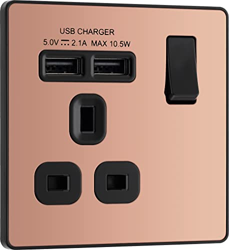Toma de corriente BG Electrical Evolve con un solo conmutador y 2 puertos de carga USB (2,1 A), 13 A, cobre pulido,PCDCP21U2B