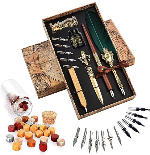 XUBX Kalligraphie Stift Set, Federstift und Tinte Set, Antik Dip Feder Stift Schreiben Quill Ink Dip Pen mit Tintenstifthalter Geschenkset, 17 Ersatzspitzen, 1 Wachssiegelstäbchen, 1 Stiftfederbasis