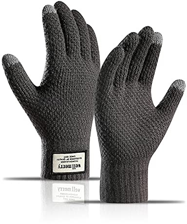 BSLVWG Winter-Touchscreen-Handschuhe für Herren, rutschfest, Thermohandschuhe, gestrickt, Herrenhandschuhe, verdickt, elastisch, winddicht, Manschette, Sport, Tippen (Dunkelgrau)