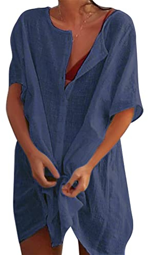 Svanco Strandklänning dam strandskjorta rund hals bikini casual döljer tröjor saronger bikini täcka upp skjorta kofta topp strandkläder baddräktsklänning, Marinblå, XL