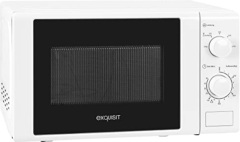 Exquisit® Mikrowelle, 20 l, 700 W, 5 Leistungsstufen, Weiß, lackierte Innenausstattung, Schnellstart, Auftaufunktion, Teller 25,5 cm, Druckknopföffnung, Maße 25,8 x 43,9 x 32,3 cm.