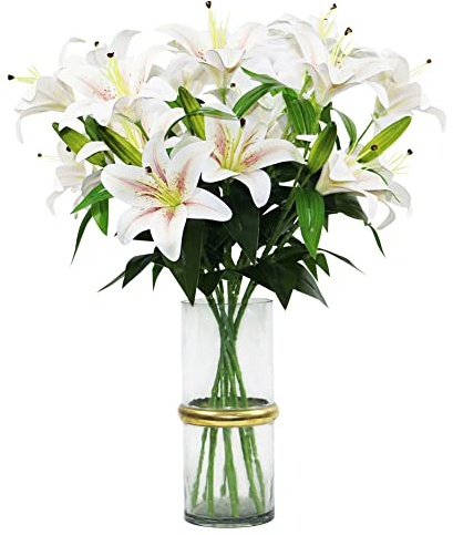 Olrla 60CM Long Artificial Lily 4PCS, toal 8 Blooming Flower Heads 4 Buds, 3D Print Fake Tiger Lily Flowers for Wedding Home Hotel Office Decoration (NO VASE)