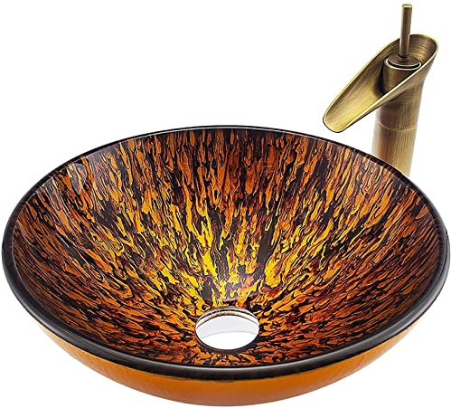Waschbecken Gehärtetes Aufsatzwaschbecken Waschtisch Runde Kunst Aufsatz-Waschschale Handwaschbecken mit Antiquität Wasserhahn, Abtropfkombination, Dicke 12cm