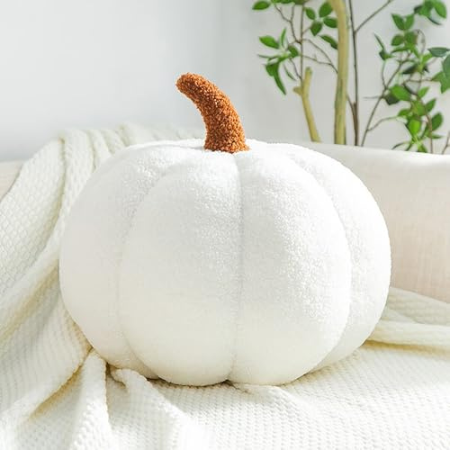 Tielag Kürbis Kissen, Kürbis Deko, Herbstdeko Plüsch Kürbiskissen, Halloween Kürbis Deko Kissen, Weiß, 20cm
