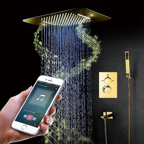 PINCHU Colonne De Douche Or avec La Musique Bluetooth, Système De Douche Mitigeur avec LED 64 Couleurs Pommeau De Douche Cascade Et Pluie De 58x38CM, Douchette À Main, Bec De Baignoire