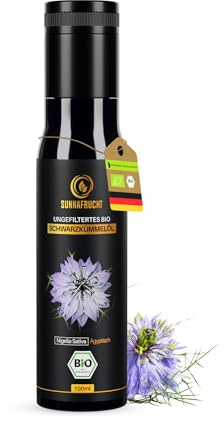 Schwarzkümmelöl BIO Kaltgepresst - (250ml) - Reich an Thymoquinon - 100% Kaltgepresst & Ungefiltertes Nigella Sativa - Schwarzkümmelöl ungefiltert - Black seed oil in Violettglas - Sunnafrucht