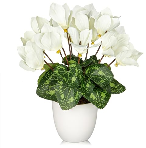 Kunstblumen Klein Künstliche Cyclamen PersicumBlumen im Topf Deko kunstblumen wie echt Gefälschte Hortensien seidenblumen für Hochzeitsdeko, Tischdeko, Wohnzimmer, Schlafzimmer, Zimmer Deko, Weiß