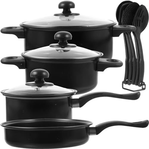 BESTonZON Juego de ollas y sartenes de hierro fundido de 7 piezas 4 ollas y sartenes con 3 tapas tapa juego de de cocina antiadherentes con utensilios para encimera eléctrica de gas