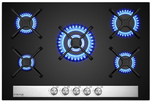 GASLAND GH6805BG1FC Cocina de Gas Butano, Encimera de Cristal Con 5 Fogones y Quemador Wok, Placa Empotrable Negra de 76 cm, 10,4 KW