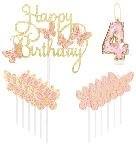 Schmetterling Kerzen Kuchen Dekorationen - Cupcake Topper Rosa Gold Nummer 4 für 4. Geburtstag Mädchen