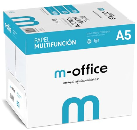 Paquete Folios A5 80gr, 5 Paquetes de 500 hojas, Papel Multifunción para Impresora Inkjet y Láser, Hojas A5 148 x 210 mm Ideales para la Oficina como para el Hogar · m-office (2500 hojas)