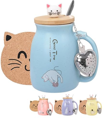 Thuro Tazza Gatto Tazza di caffè in Ceramica Carina con Infusore per tè,Coperchio,Cucchiaio Sottobicchieri,Tazza da caffè novità Natale Regalo per Gli Amanti dei Gatti Donne,450ml
