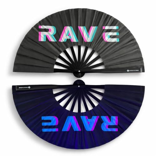 Generisch Fächer Rave - XL Handfächer- Hand fan – Das Must-Have Accessoire für Rave Techno und Festivals: Fächer Stabil Bambus Holz Schwarz Faltbar und Groß (27cm)