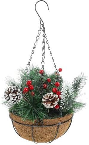 Beatifufu Christmas Hanging Basket Outdoor Decoration, Festival Pendant Xmas Scene Pendant, Artificial Flower Basket Ornament for Outdoor Xmas Hanging Decor