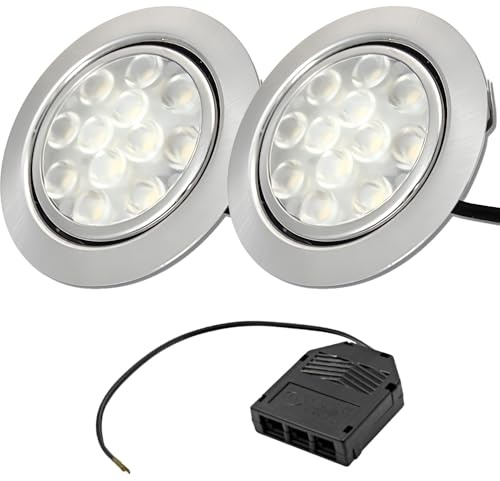 Rolux 2er Set LED Möbelleuchte Einbauspots Edelstahl Gebürstet flach 3W warmweiß 3200K 200lm 12V für das Wohnzimmer, Küche und Bad. Lochausschnitt 55-60 mm. D = 65 mm. Mit Mini-Verteiler