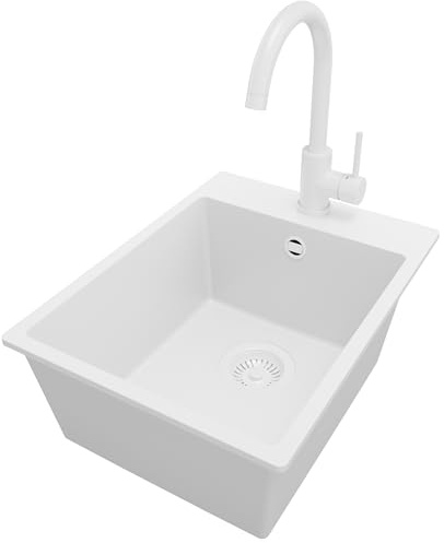 PRIMAGRAN Fregadero Granito al Mueble 40cm + Grifo, 38x50cm | Set: Grifo BW5010 + Kit de desagüe (sifón, válvula, rebosadero) + Riga 1 Seno para Cocina, Todo Blanco