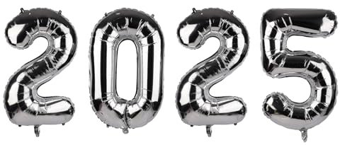 Ballons Numérotés 2025 - Film Aluminium Chiffre Gonflable 101,6cm pour Décoration du Nouvel An, Remise de Diplôme, Anniversaire (Argent)