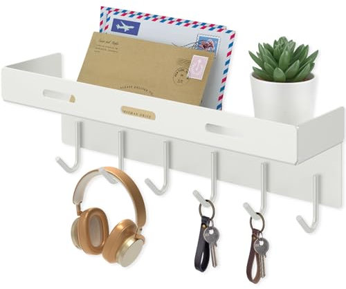 Nekon Key Holder Wall Mount, 9.6 Inch Self Adhesive Key Hanger with 6 Hooks, Metal Mail Organizer with Tray for Hallway Kitchen Farmhouse Decor (White)