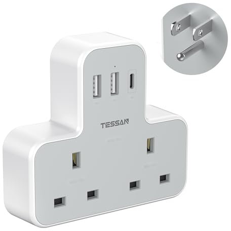 UK to US Plug Adaptor with 3 USB Ports (1 USB C) 2 AC Outlets, TESSAN 5 in 1 USA Travel Adapter, Type B Plug Adaptor from UK to America, Canada, Thailand, Mexico