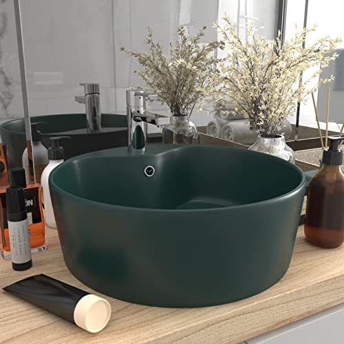 Gecheer Lavandino con Troppopieno Verde Scuro Opaco 36x13cm in Ceramica,Lavandino,lavandini,Lavello,Lavelli,da Bagno,d'Appoggio,Lavandino da Bagno Appoggio,Lavandino d'Appoggio,P147036
