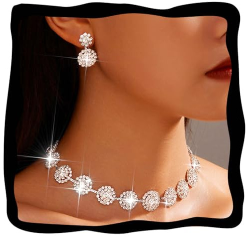 Fashband Crystal Bridal Wedding Jewelry Set Sparkly Necklace Earrings Prom Costume Jewelry for Women (Silver, One Size)