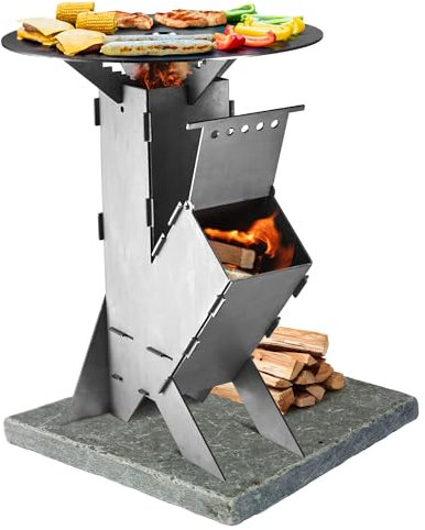 GRAFT Raketenofen inkl. Grillplatte Rocket Stove Stecksystem aus massivem 3 mm dickem Stahl | Feuerschale | Pelletofen | Holzofen | Campingkocher | Campinggrill | Holzkochherd