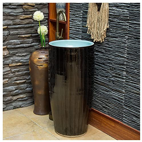 Pedestal Sink Handcrafted Ceramic wash Basin Pedestal washbasin, Kaolin Clay Pedestal Sink Round Freestanding Sink for Indoor and Outdoor (G With mirror)