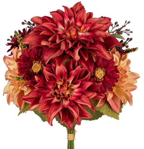 Briful Artificial Dahlia Flowers Bouquet, 9PCS Silk Dahlia Flowers Fake Chrysanthemum Flower, Autumn Artificial Flowers Wedding Bouquet for Bridesmaid, Home Decor, Table Centerpieces