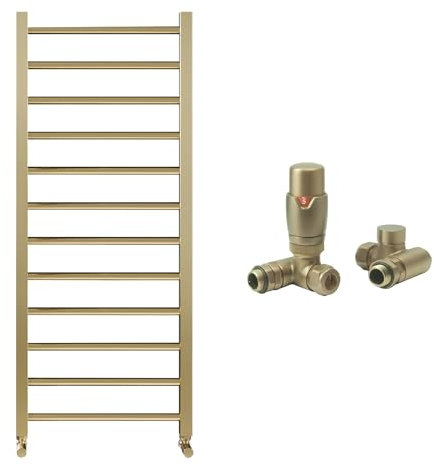 Brushed Brass Bathroom Straight Heated Towel Rail Radiator 500 x 800 & Dual Fuel Thermostatic Valves