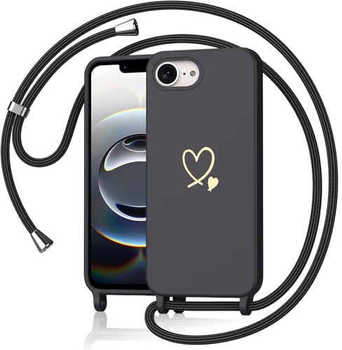 Yichxu Handyband für iPhone 16e/17e Hülle mit Band, Herz Design Necklace Handyhülle zum Umhängen Kordel, Stoßfest Schutzhülle mit Kette, Weich TPU Liquid Silikon Case für iPhone 16e/17e, Schwarz