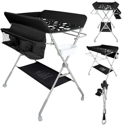 Wickeltisch, 3-in-1, Wickelkommode für Baby, von Geburt bis 12 Monate (bis 25 kg), Wickeltisch, faltbar, tragbar, Wickeltisch für Babys, mit 4 Rollen,80 x 58 x 90 cm - Schwarz