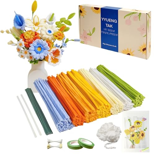 YYUENG TAK 350 delar Piprensare Blommor Set (7 Färger), Inkl. Instruktioner, 2 Chenille Garn, 20 Blomma Tråd, 100 Ståndare & 2 Teflon Tape för Blomsterpyssel & DIY