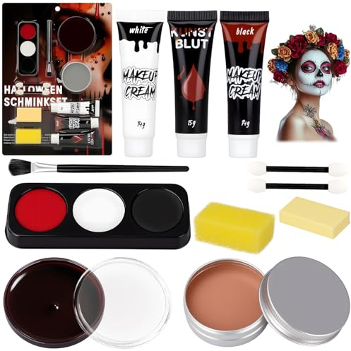 Trucchi Halloween Bambini Adulti - Trucco Viso Halloween Make Up Donna per Carnevale Feste joker SFX Vampiro, Sangue Finto + 3 Colori Tavolozza Face Paint + Body Painting + Cera Cicatrici