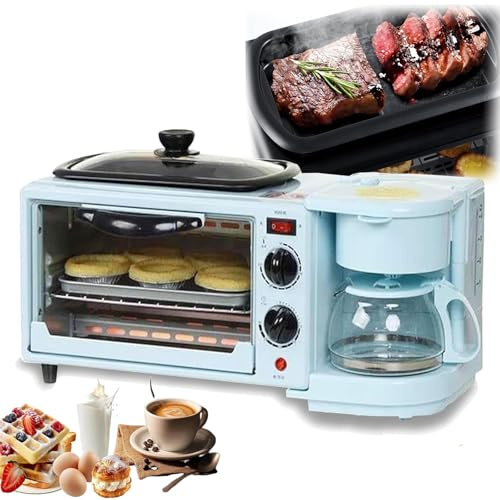 Macchina per la colazione 3 in 1 (frittura + cottura al forno + caffè), macchina per la colazione multifunzione da 1100 W, con doppio forno da 9 litri + padella antiaderente, tempo/temperatura regol