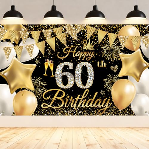 60. Geburtstag Deko Banner für Männer und Frauen, Schwarz Gold Happy Birthday Banner Groß, 60 Geburtstag Hintergrund, 60 Geburtstagsfeier Dekorationen, Extra Große Stoff Schild Poster 180 * 110cm