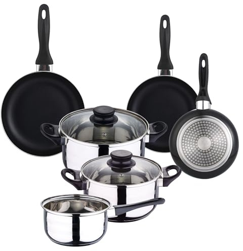 Well Home Set de Batería de cocina de 5pc en acero inoxidable + 3 Sartenes Ø16Ø20Ø24cm Negro en aluminio prensado