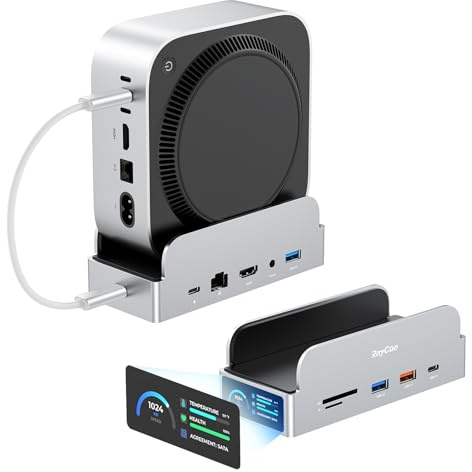 RayCue SmartDock Pro für Mac mini M4 Dock Stand mit M.2 NVMe SSD Gehäuse, 4K 60Hz HDMI, 10Gbps USB-C/A, Gigabit Ethernet, SD/TF Kartenleser - Platzsparender vertikaler Hub Kompatibel mit Mac mini