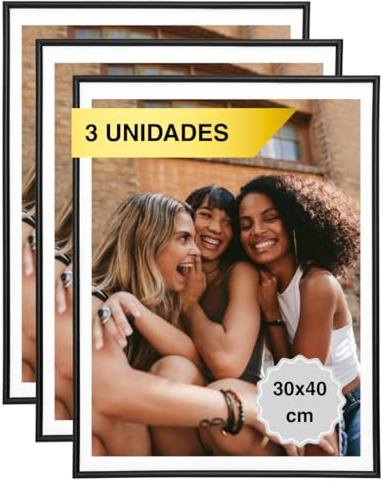 MARCOFOTO Set de 3 Marcos para Fotos 30x40 cm PVC Negro - Ideal para Títulos Universitarios, Pósters, Fotografías, Rompecabezas y Documentos